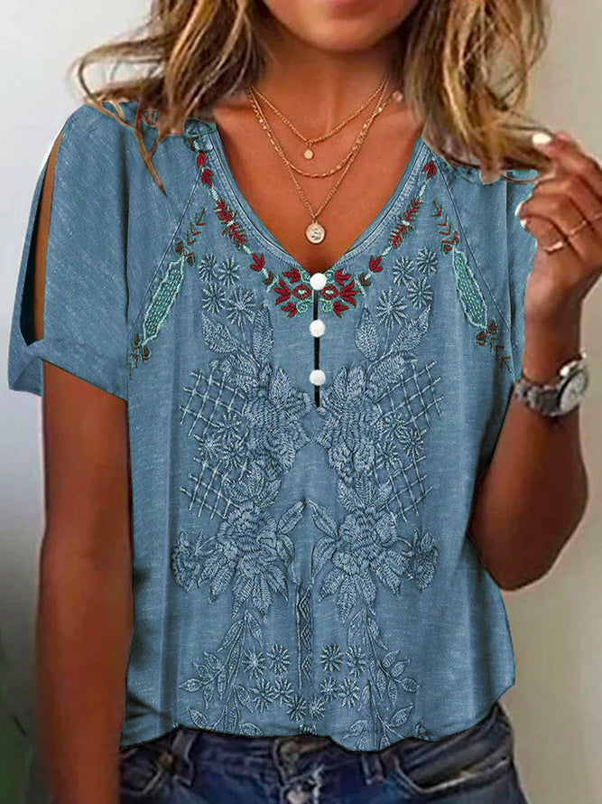 Streetwave Women's Short Sleeve Blouse Featuring Floral Embroidery And Button Details