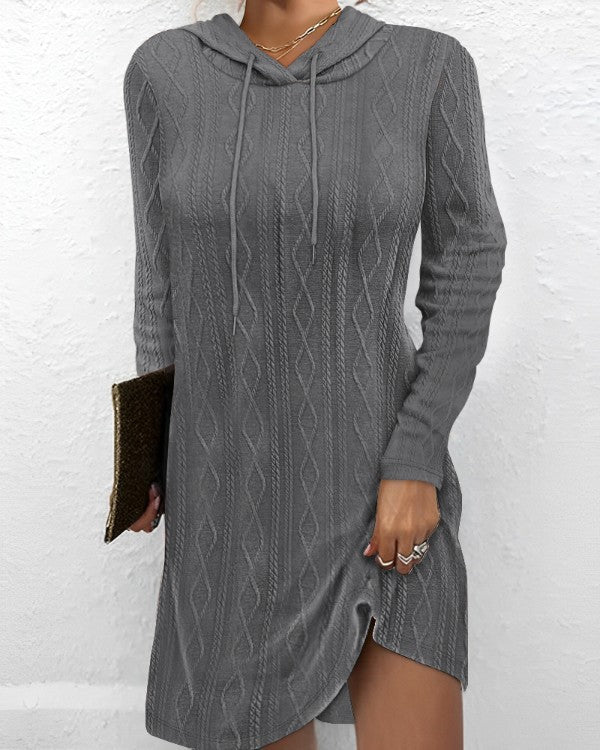 Street-wave Hooded Knit Sweater Dress for Women with Intricate Knit Details, Cozy Everyday Wear