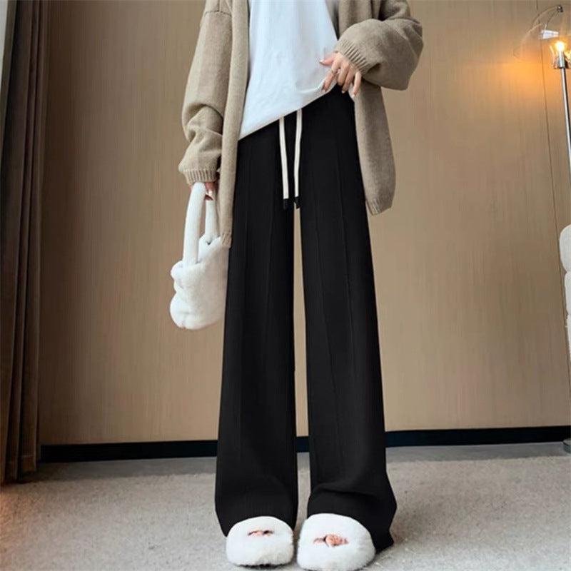 Street-Wave Womens High-Waisted Knit Pants With Drawstring For Comfortable Versatile Everyday Wear