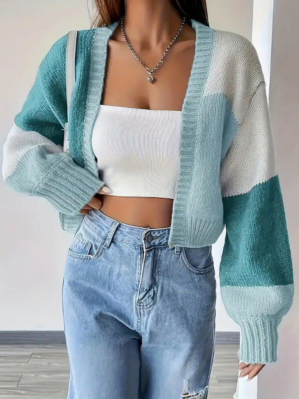 Women's Cardigan – Knit – Short Fit – V-Neck – Block Pattern – Casual Look