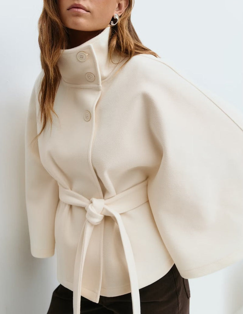 Street-wave Womens Wool Coat With High Collar Belted Cape For Modern Cozy Winter