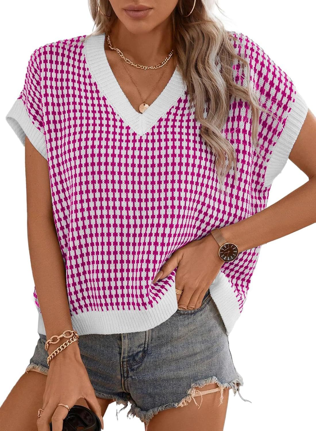 Street Wave Womens V Neck Geometric Knit Sweater Casual Chic Everyday Top For Women