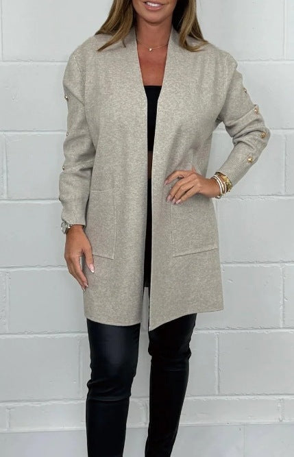 Street-wave Womens Elegant Knit Cardigan With Button Details And Pockets Timeless Chic Outerwear