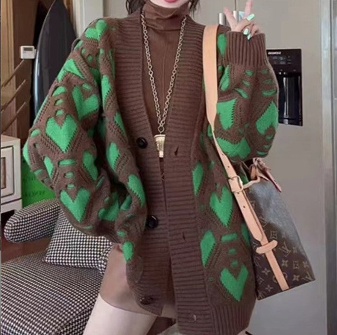 Street-wave Women's Knit Cardigan With Unique Heart Pattern And Voluminous Sleeves