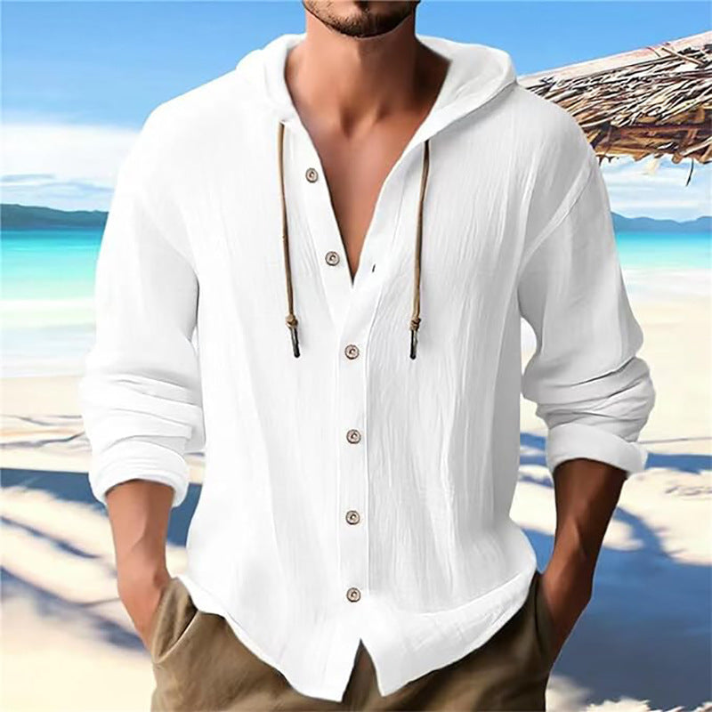 Breathable Cotton Hooded Shirt For Men With Button Front And Adjustable Drawstring Streetwave