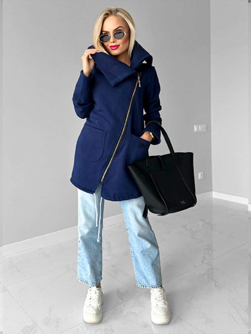 Street-wave Fleece Jacket With Diagonal Zip And Revers Collar Mid Length For Women Cozy Warm Outerwear