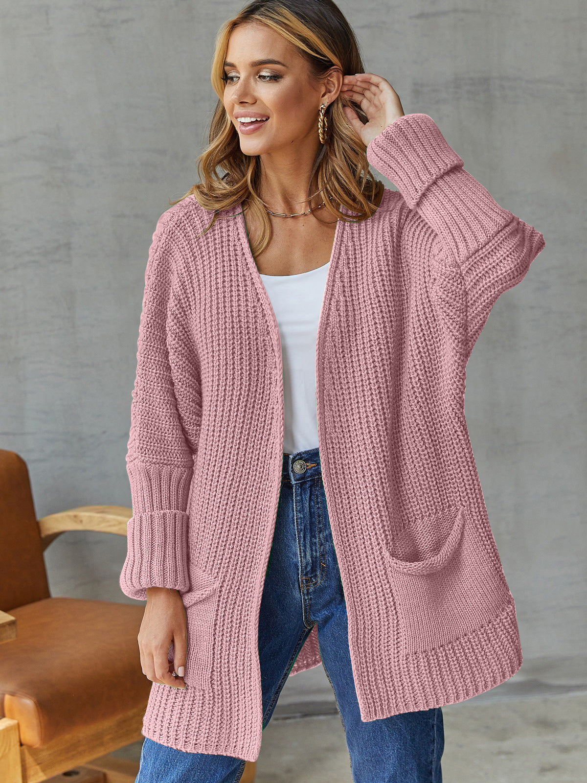 Streetwave Womens Cozy Knit Cardigan With Deep Pockets And Voluminous Sleeves For Everyday Style