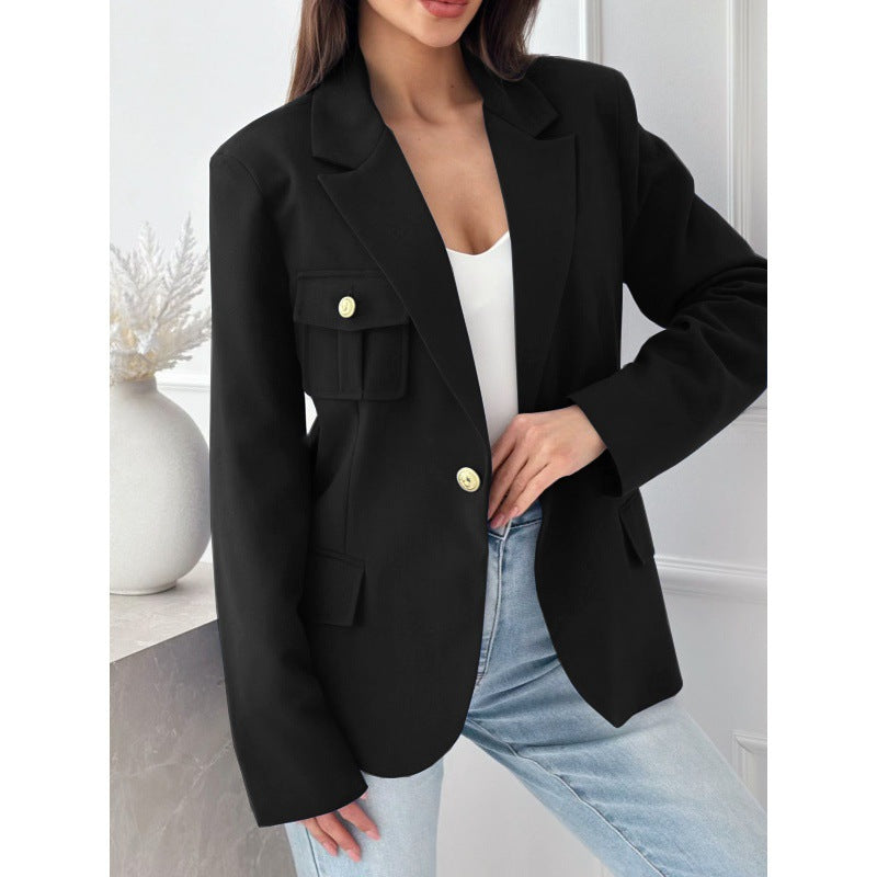 Street Wave Womens Double Breasted Tailored Blazer With Pocket Detail For Chic Office Style