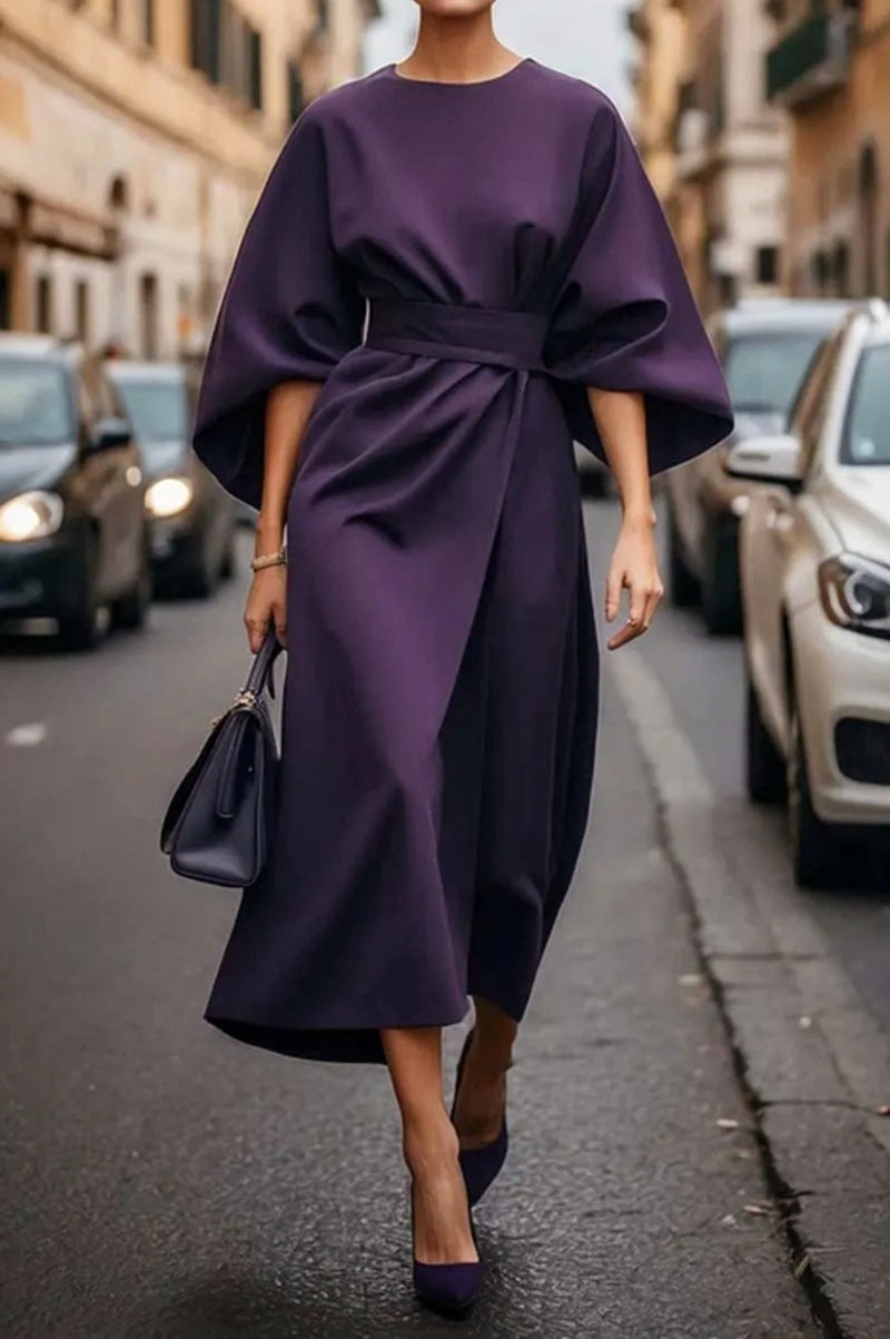 Street Wave Womens Maxi Dress With Voluminous Sleeves Belted Silhouette Luxurious Fabric For Elegant Events