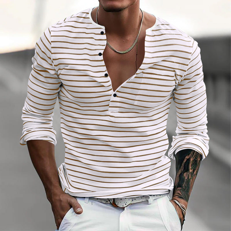 Street-wave Men's Striped Long Sleeve Henley Shirt With V-Neck Button Placket For Casual Style
