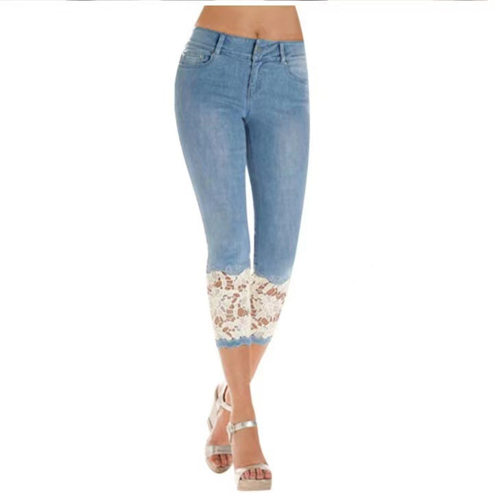 Street-Wave Lace Trim Jeans For Women, Figure-Flattering Denim With Elegant Lace Hem