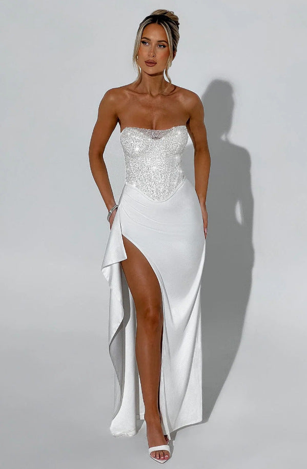 Street Wave Glamorous Elegant Evening Gown With Shimmering Bodice And High Slit For Women
