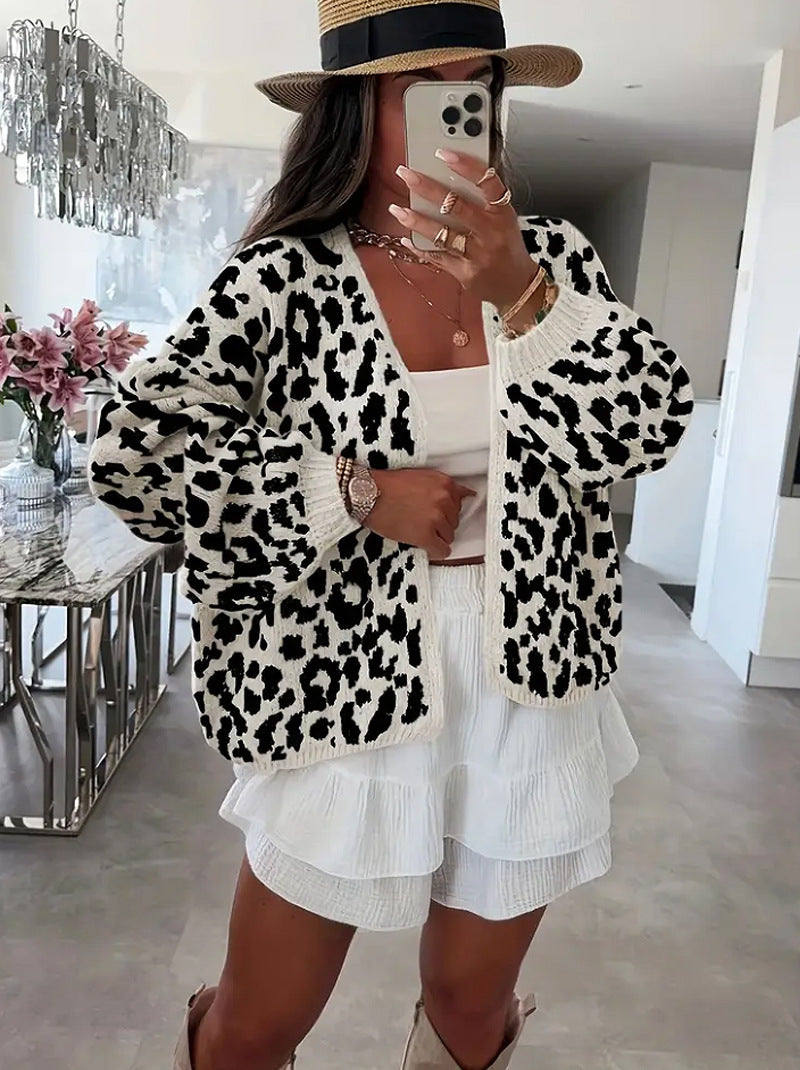 Street Wave Leopard Print Cardigan for Women Cozy Knit Relaxed Oversized Fit Chic