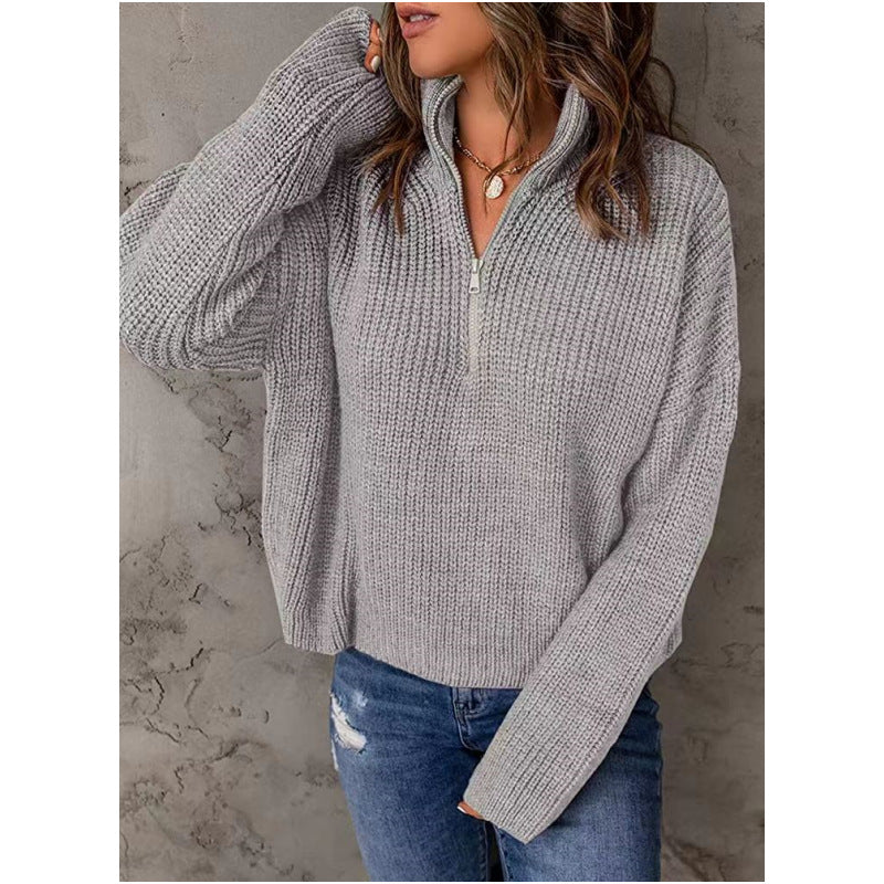 Street-wave Women Knit Pullover With Short Zipper Cozy Warm Olive Green Sweater Top Relaxed Fit