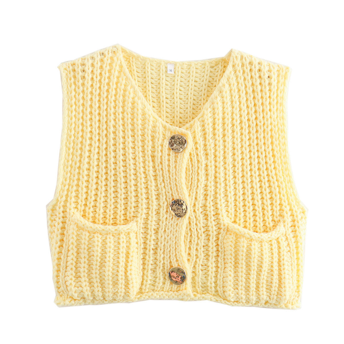 Street-Wave Women Knit Vest With Button Details And Pockets Trendy Breathable Cotton Blend