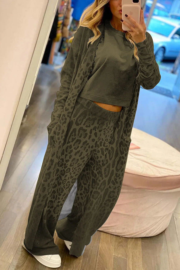 Street-Wave Leopard Print Cardigan And Pants Set For Women Cozy Knit Lounge Outfit With Relaxed Fit