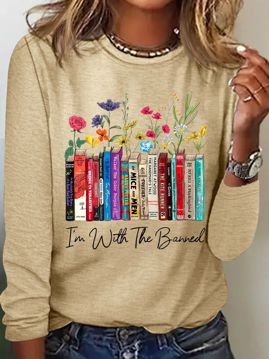 Streetwave Womens Long Sleeve Shirt With Books And Flowers Print For Book Lovers Soft Comfort