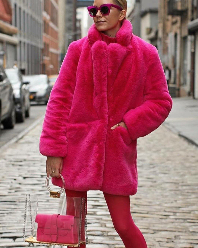 Street-Wave Pink Faux Fur Coat For Women Chic Plush Warmth Vegan Animal-Friendly