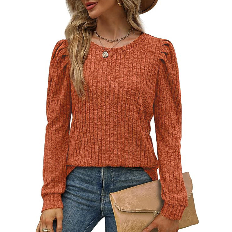 Street-wave Women's Gathered Sleeves Knit Sweater Cozy Ribbed Pullover For Everyday Style