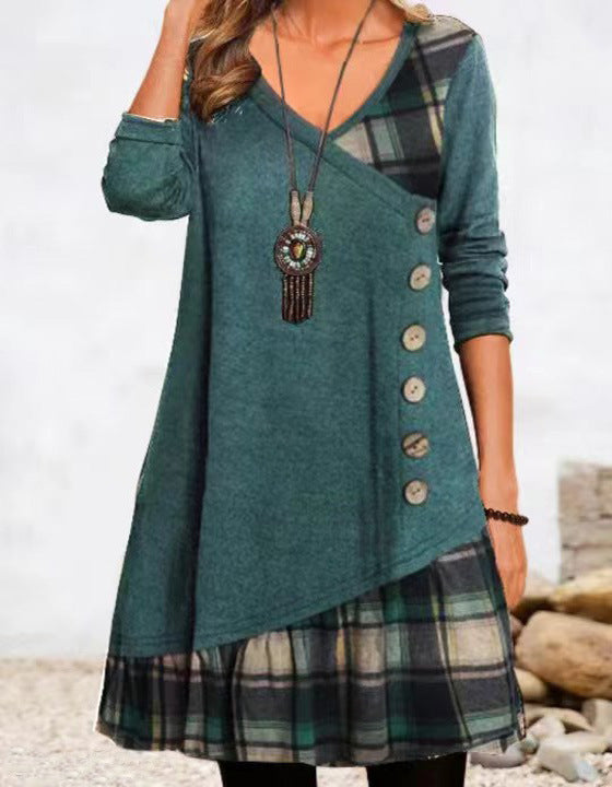 Street-Wave Women Plaid Long Sleeve Dress With Button Front And Asymmetric Hem For Everyday Wear