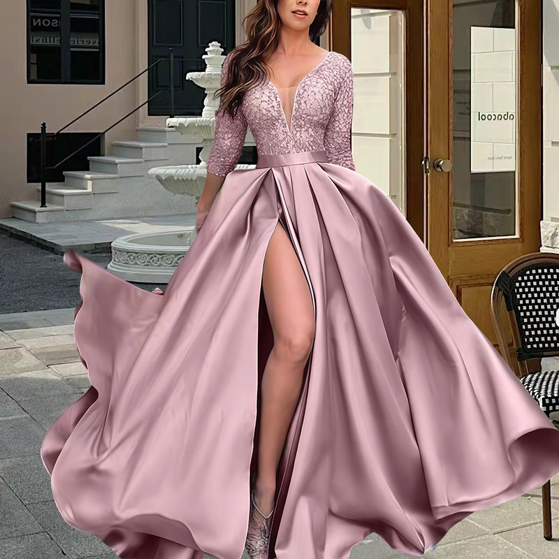 Street-wave Women's Glamorous Evening Dress With Deep V-Neck And Side Slit A-Line Gown