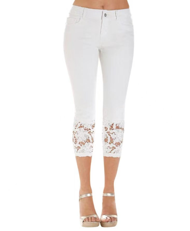 Street-Wave Lace Trim Jeans For Women, Figure-Flattering Denim With Elegant Lace Hem