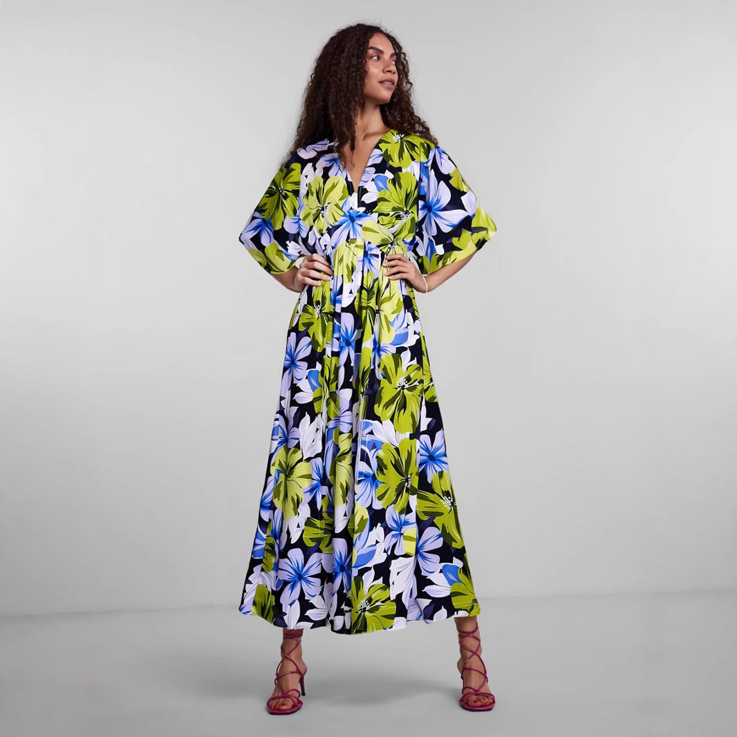 Street-Wave Floral Midi Dress With V-Neck For Women Chic