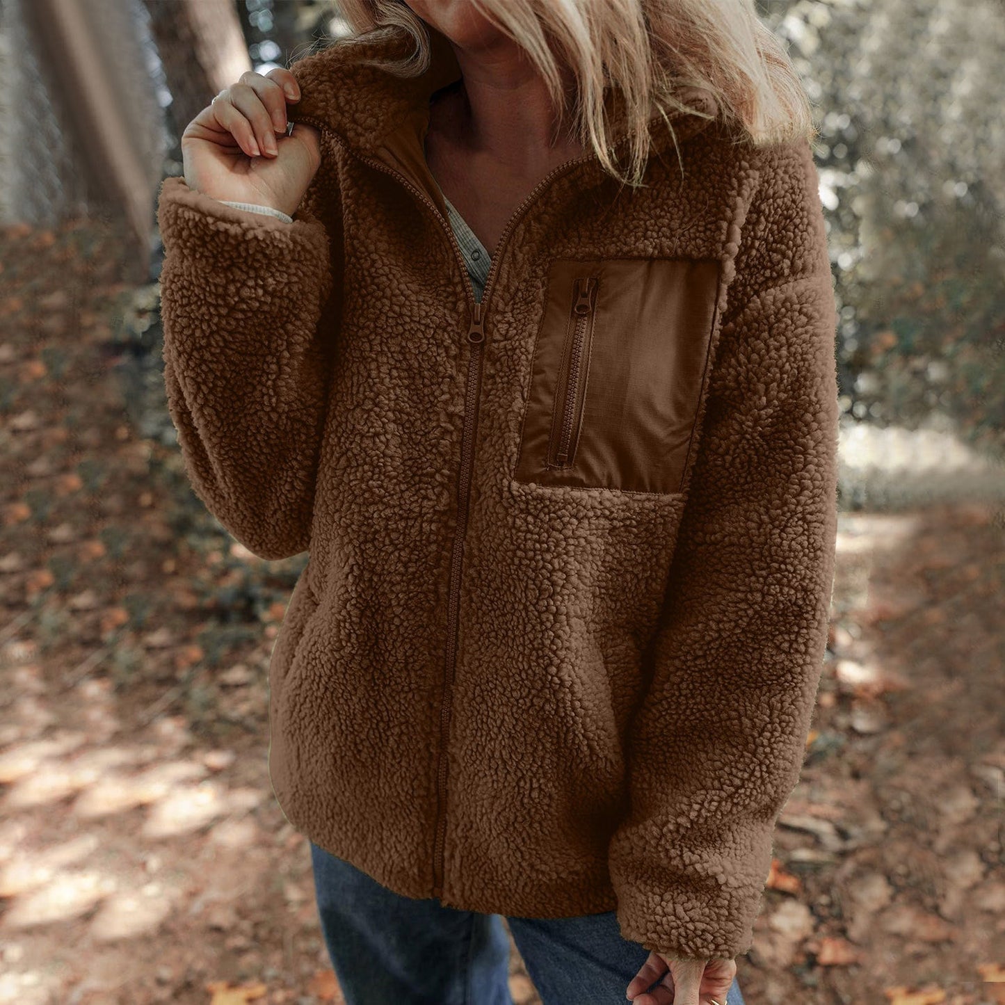 Women Fleece Jacket With High Collar Chest Pocket Streetwave Warm Cozy Everyday Wear