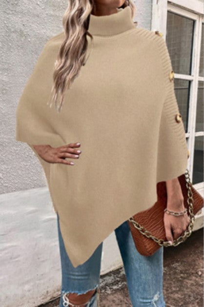 Women's Knit Poncho With High Collar And Button Details By Street-wave Cozy Chic For Women