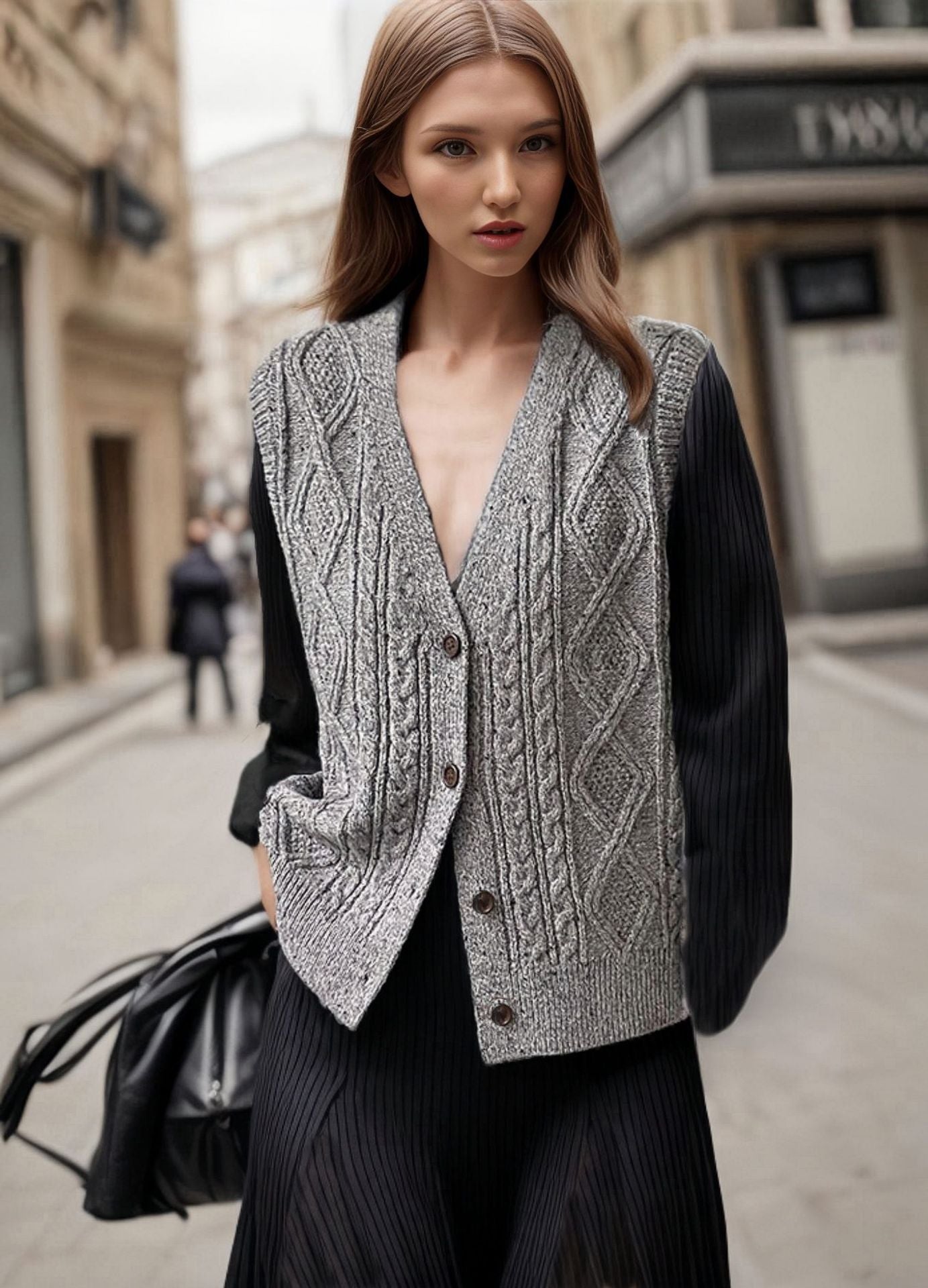 Street-wave Women Cable Knit Vest With Intricate Pattern And Premium Button Details