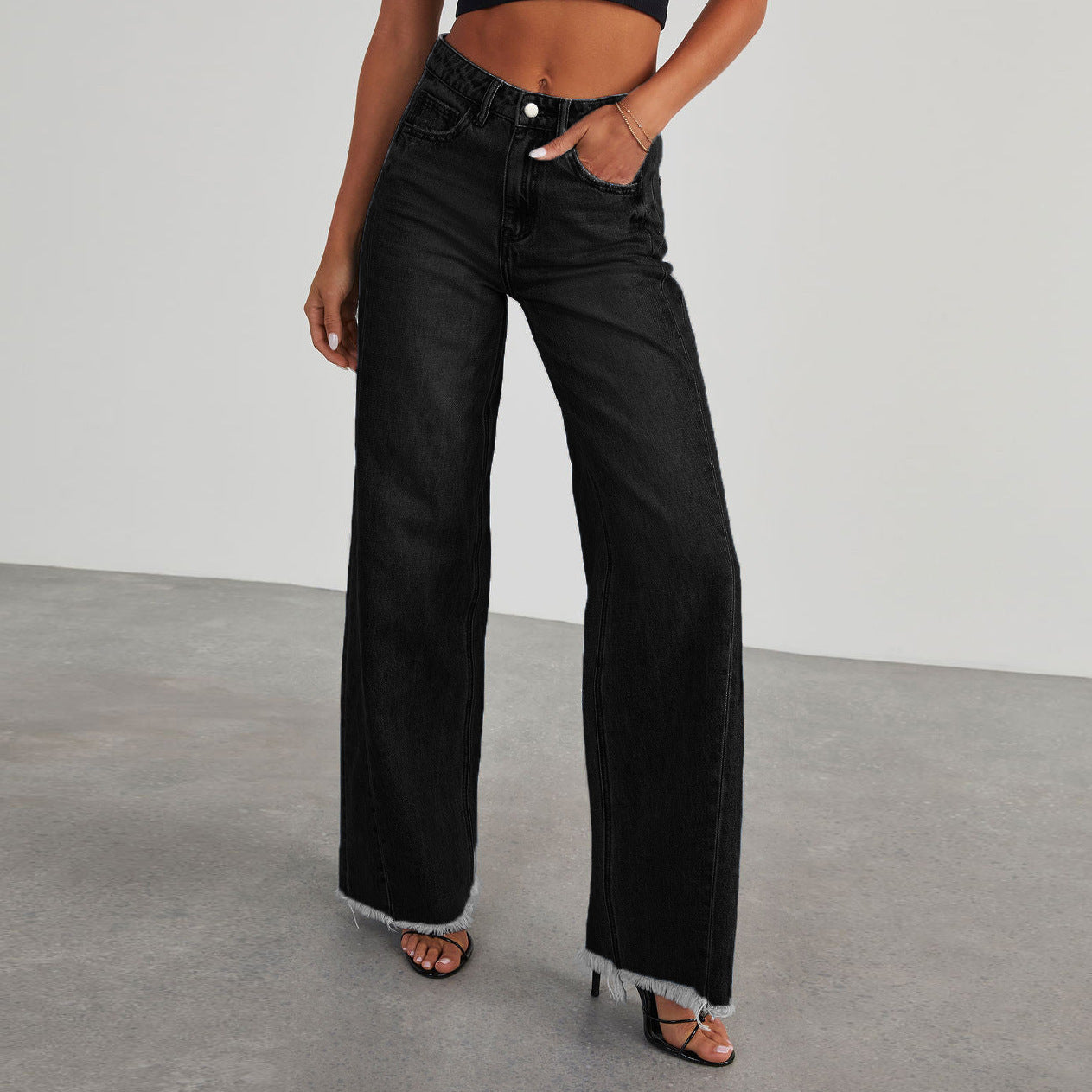 Street-wave Wide Leg Jeans For Women With Frayed Hem Trendy Casual Denim For Everyday Fashion