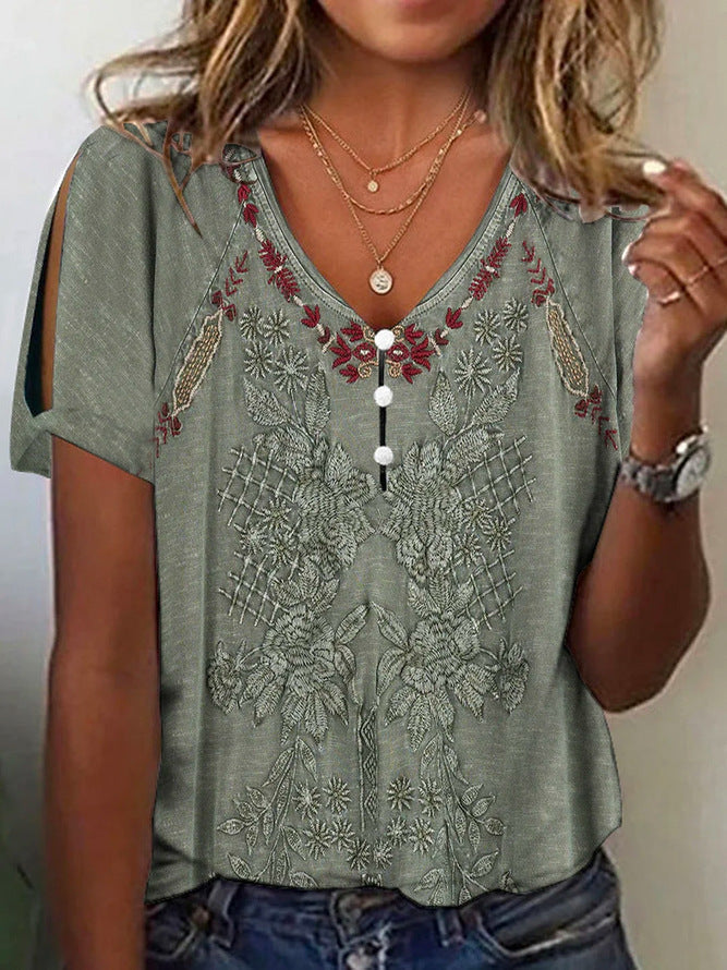 Streetwave Women's Short Sleeve Blouse Featuring Floral Embroidery And Button Details