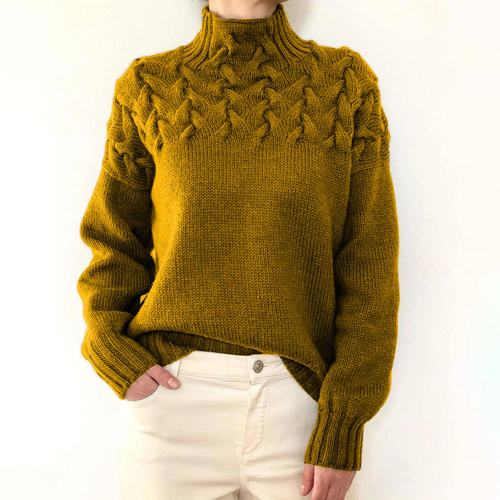 Street-wave Women's Cable Knit Sweater With High Neck, Cozy Warmth And Trendy Design