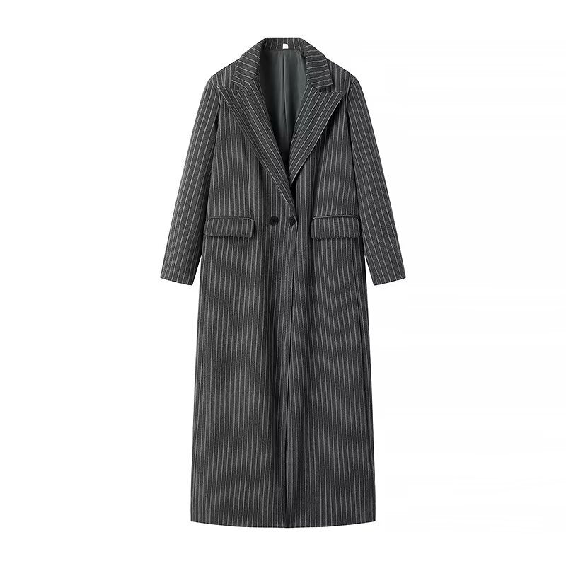 Street-Wave Womens Striped Long Blazer With Double Button Placket And Side Pockets