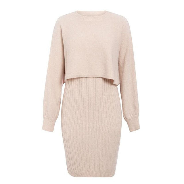 Street-Wave Women Knit Midi Dress With Cropped Sweater Top And Ribbed Texture For Everyday Chic