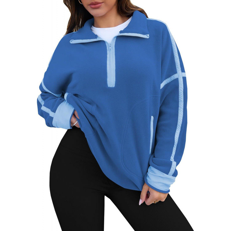 Street-wave Womens Fleece Pullover Half Zip With Contrast Sleeves For Cozy Warmth And Everyday Comfort