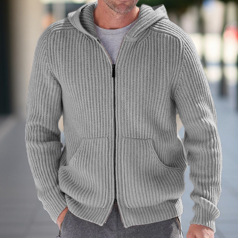 Men's Hooded Knit Cardigan With Relaxed Fit And Ribbed Texture For Casual Layering Long Sleeve