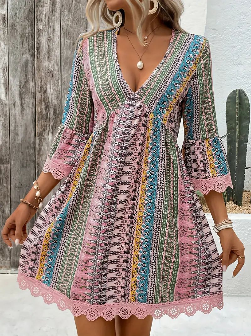 Street-Wave Boho Aline Dress With V Neck And Lace Trim For Women