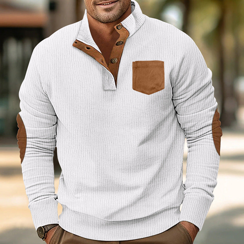 Street-wave Men's Comfortable Stand Collar Pullover With Contrast Pocket Detail And Modern Style