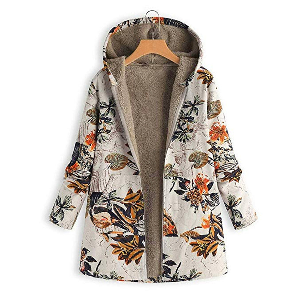 Street-wave Floral Print Hooded Coat With Plush Fleece Lining For Women Cozy Warm And Chic