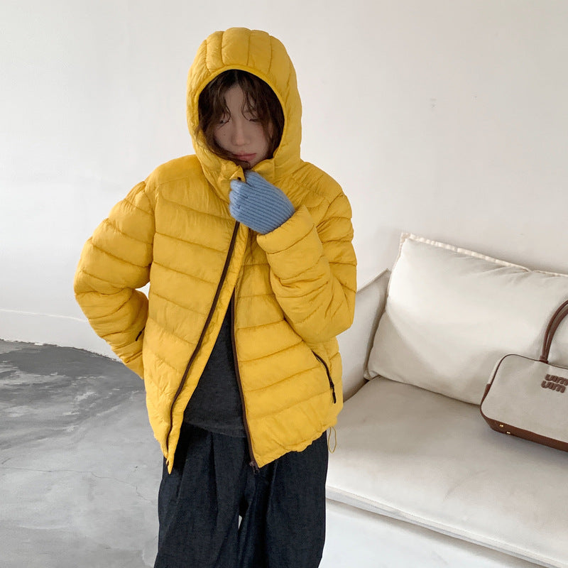 Street-wave Women Ultralight Puffer Jacket With Removable Hood Elastic Hem Water-Repellent