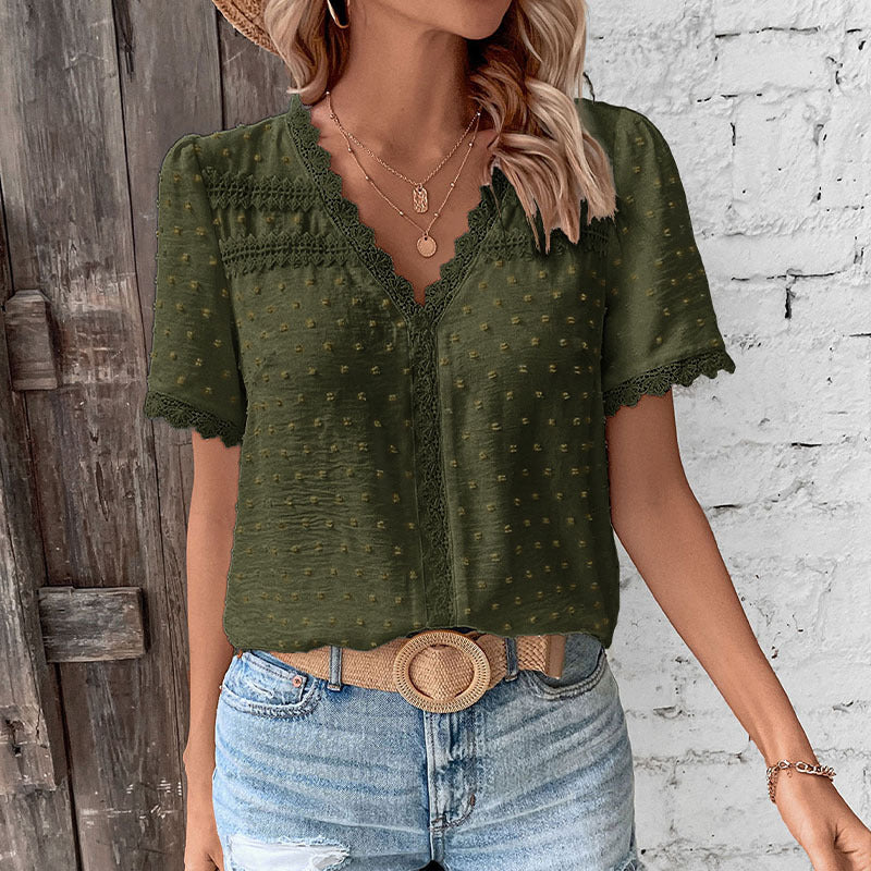 Street-wave Women's Blouse with Lace V Neck, Breathable Cotton, Elegant Casual Top