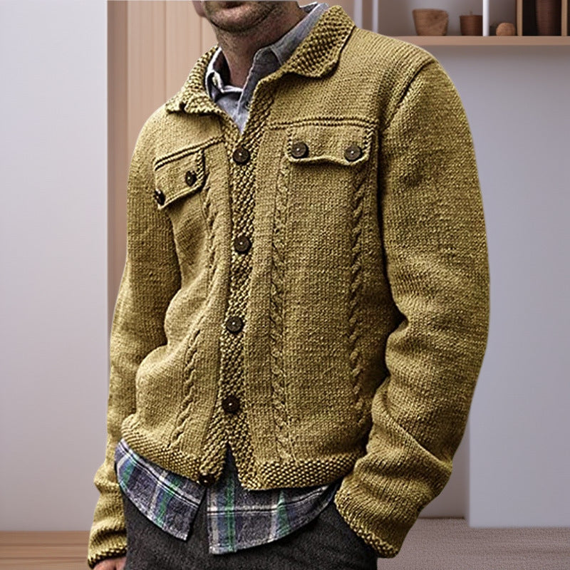 Street-wave Mens Cable Knit Cardigan With Practical Pockets For Cozy Durability Quality