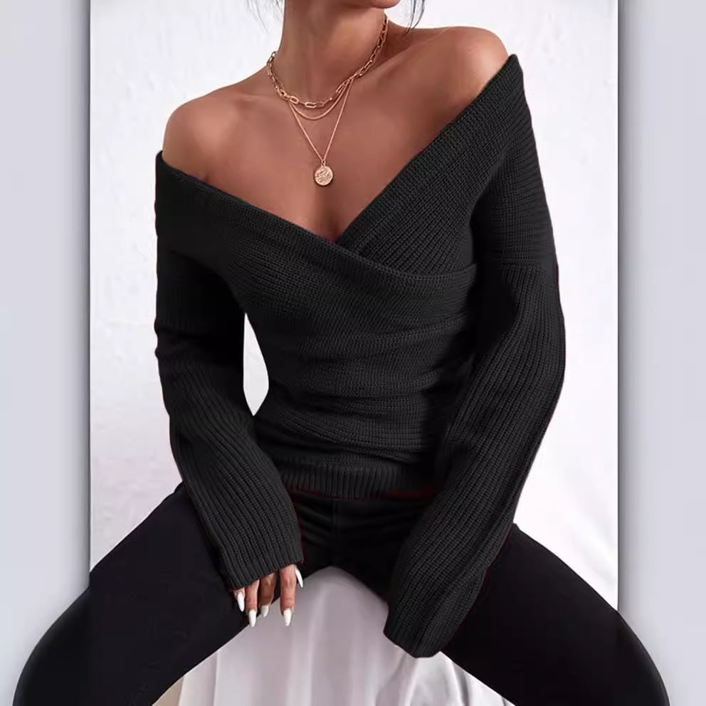 Nordisk-Flair Slim-Fit Off-Shoulder Knit Sweater With Wrap V-Neck For Women
