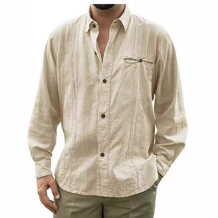 Men's Linen Shirt With Relaxed Fit Long Sleeve Button Closure Chest Pocket Nordisk Flair By Street-Wave