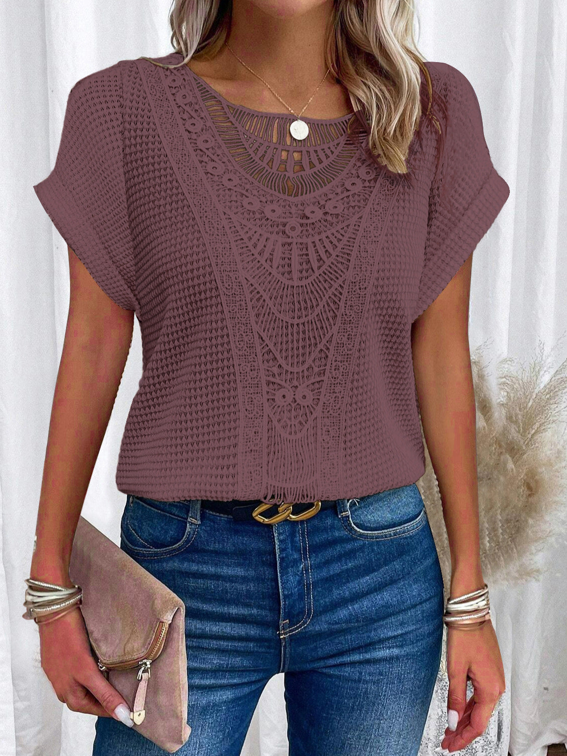 Womens Black Crochet Lace Top With Intricate Pattern And Relaxed Fit Street Wave