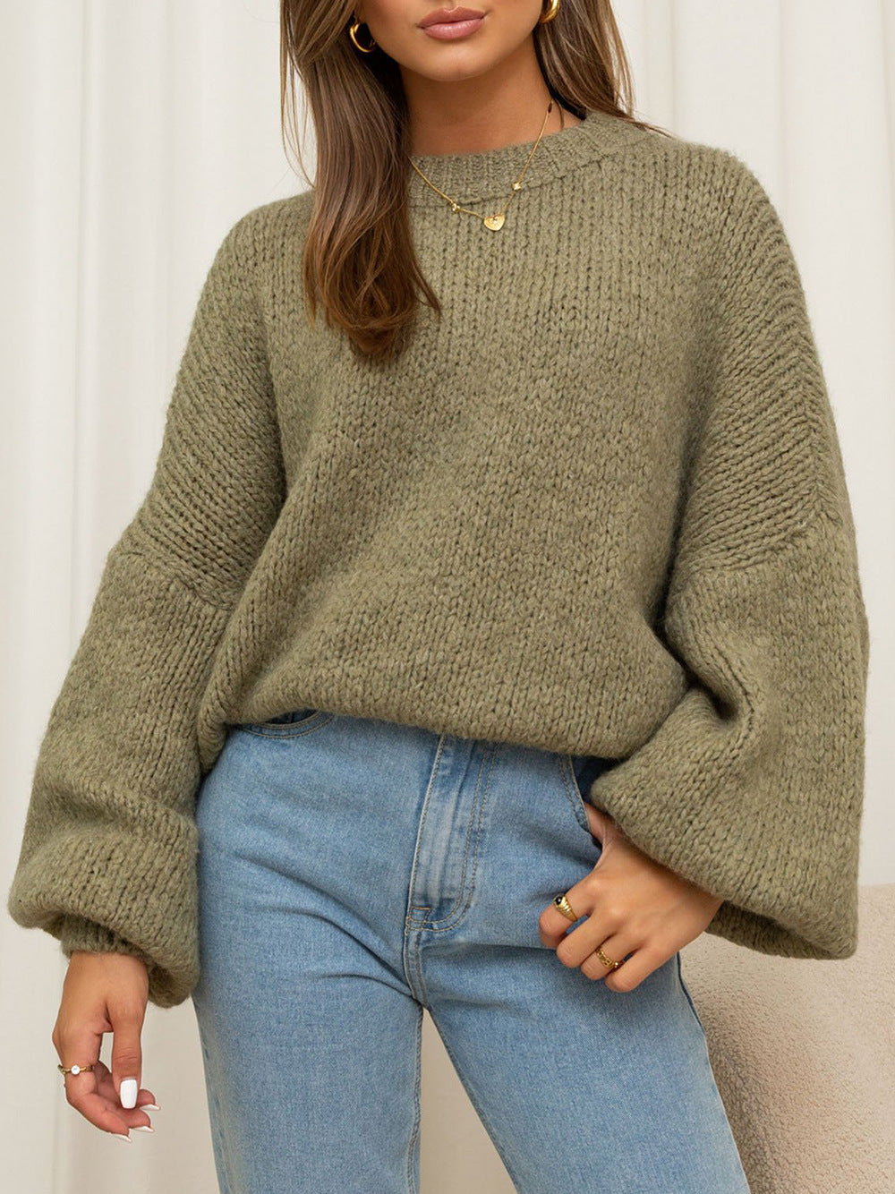 Street Wave Women Oversize Cozy Pullover With Voluminous Sleeves And Soft Textured Knit For Autumn