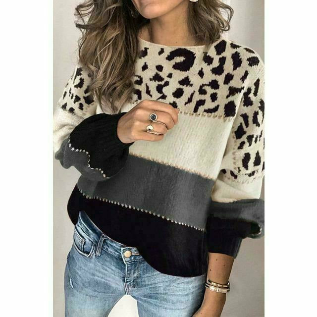 Street-wave Leopard Print Knit Pullover For Women Cozy Cotton Blend Sweater Casual Spring Autumn Fashion