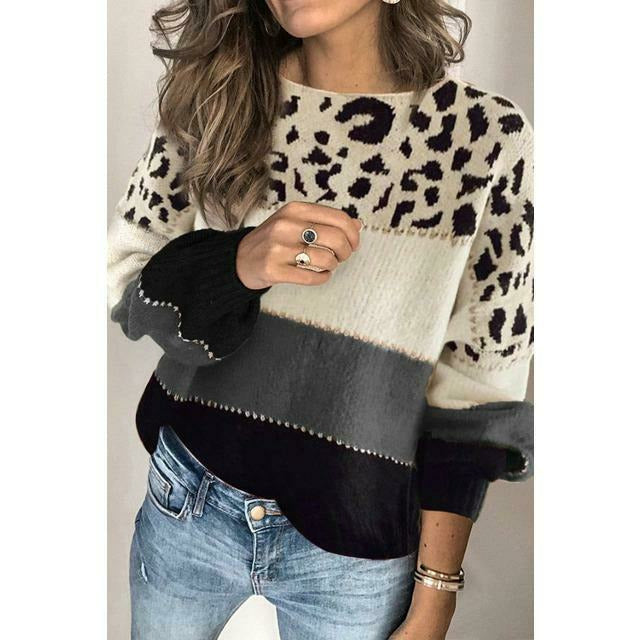 Street-wave Leopard Patchwork Knit Pullover For Women Cozy Warmth And Color Block Autumn Style