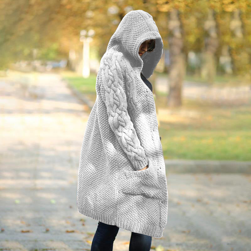 Street-wave Women Knit Cardigan Coat With Hood Cozy Cable Knit Button Front Pockets Chic Everyday